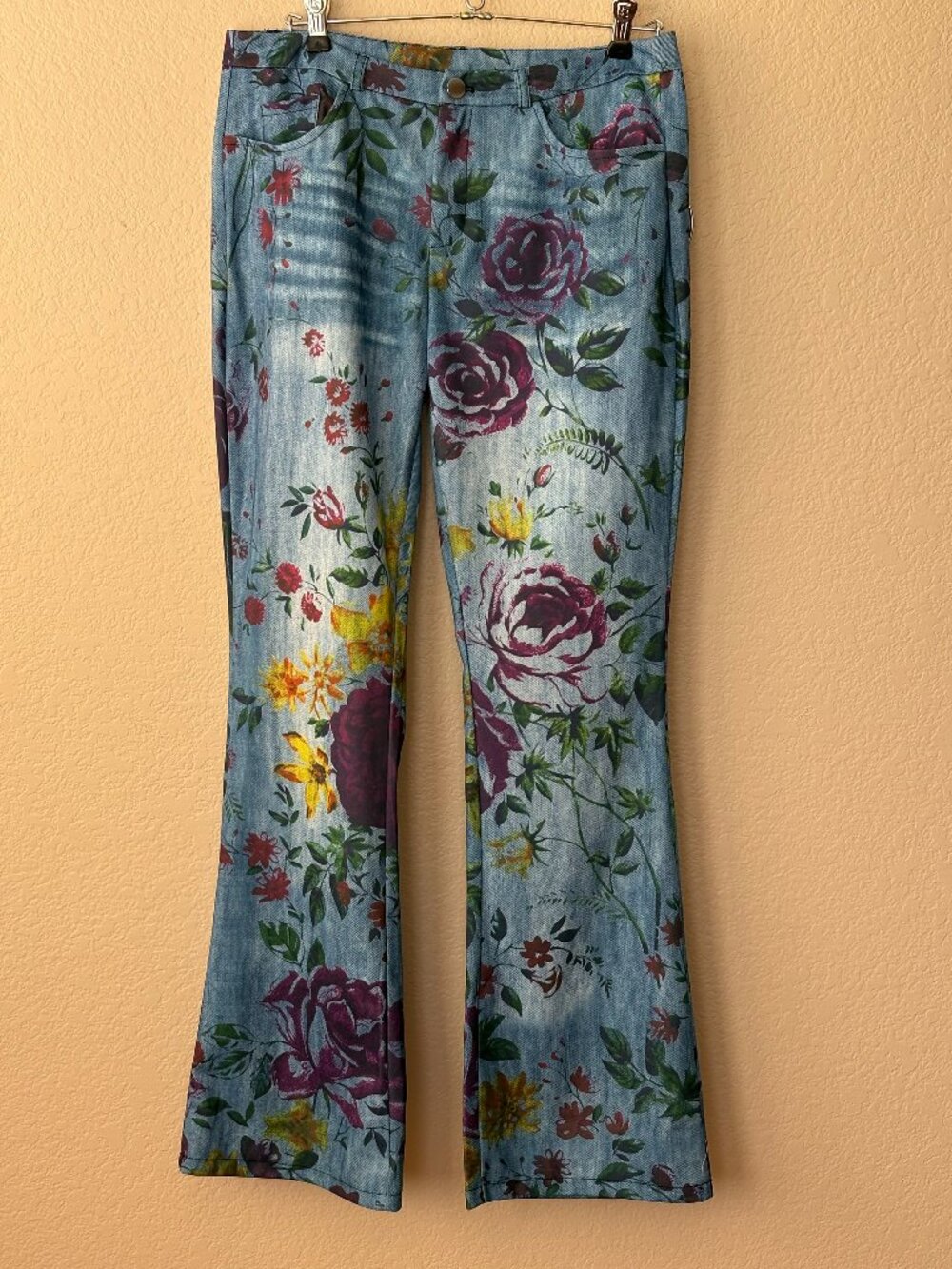 Floral Denim Look Rose Print Pants Size L